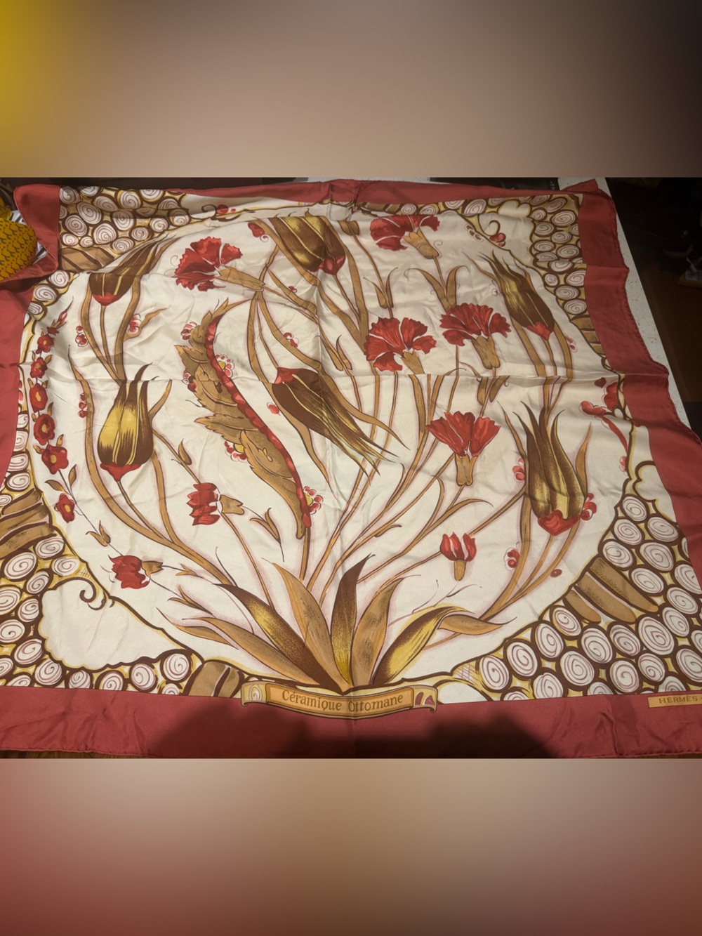 Hermes Floral Silk Scarf with Red and Gold Motif
